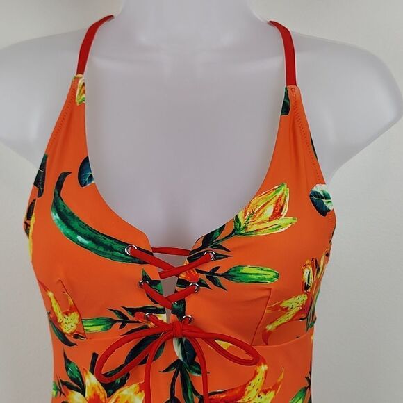 NWT Cupshe Tropical Orange Floral Lace Up One Piece Swimsuit Size L - Picture 6 of 12